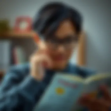 A thoughtful individual engaging with a foreign text.