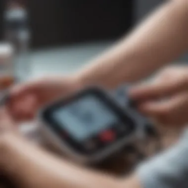 A close-up of a person checking their blood pressure with a digital monitor