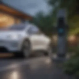 An electric vehicle charging station with renewable energy sources in the background