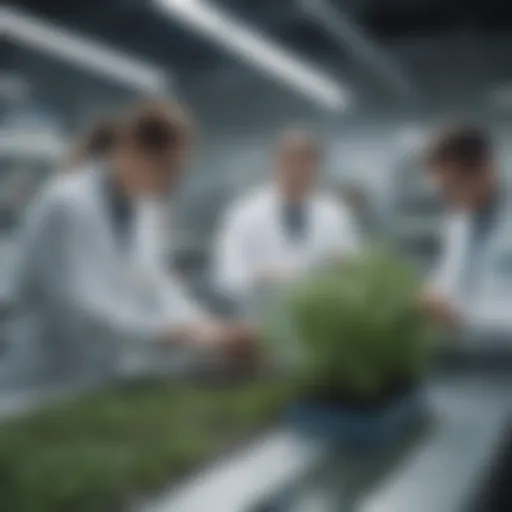 A laboratory setting with scientists examining plant samples