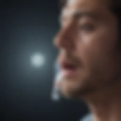 A close-up of a person practicing deep breathing exercises in a serene environment.