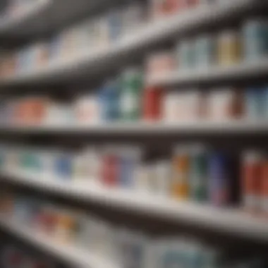 Illustration of various over-the-counter antiviral medications on a pharmacy shelf