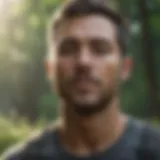 Calm individual practicing controlled breathing outdoors