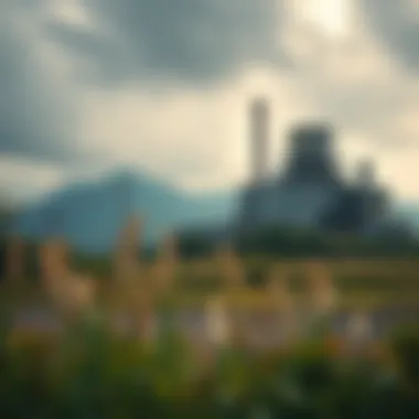 Landscape of a decommissioned nuclear facility covered in nature