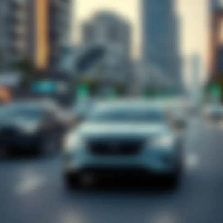 Futuristic Electric Vehicles in Urban Landscape Futuristic city with electric vehicles on the road