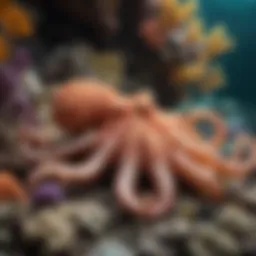 An octopus displaying vibrant color patterns while resting on a coral reef