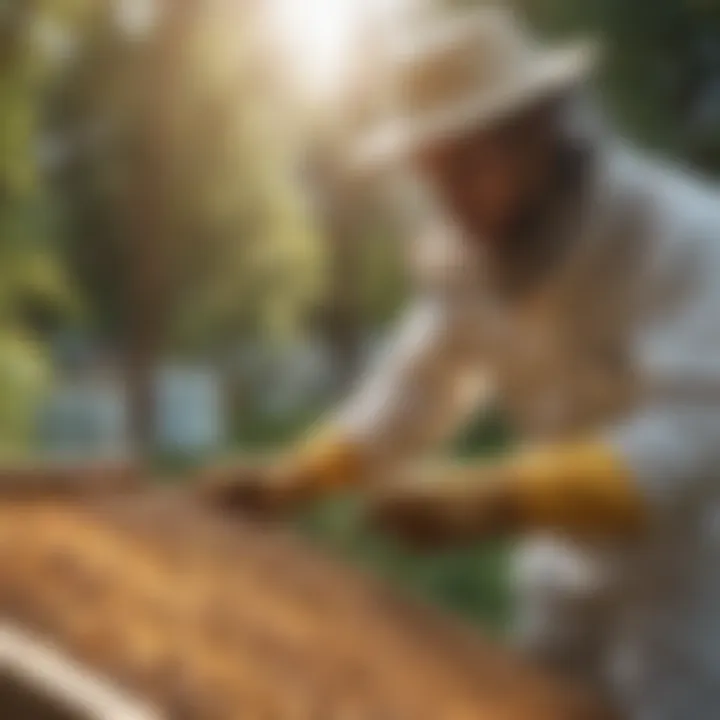 A professional beekeeper inspecting a honey bee colony.