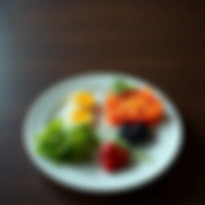 Illustration of a balanced plate divided into portions representing macronutrients