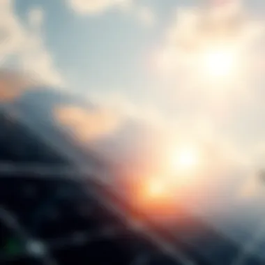 A close-up of solar panels reflecting sunlight