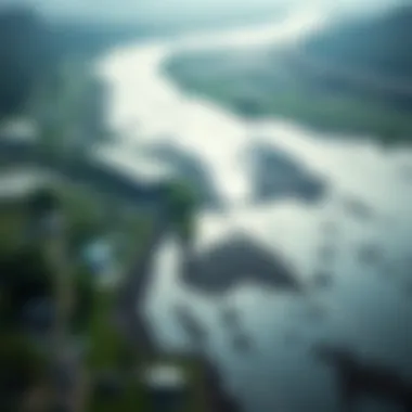 An aerial view of a polluted river with industrial waste
