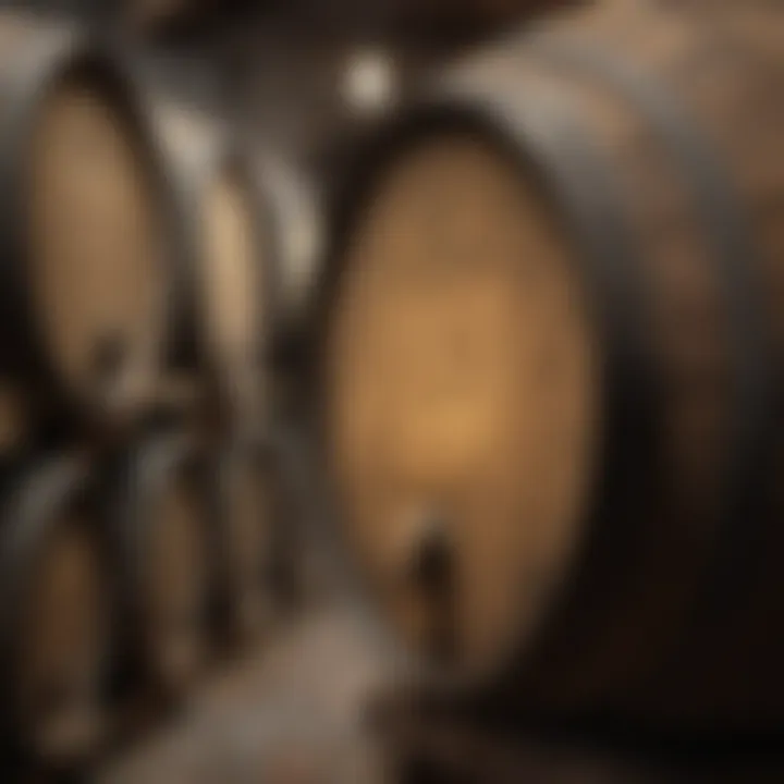 A barrel of Chardonnay aging in a rustic cellar