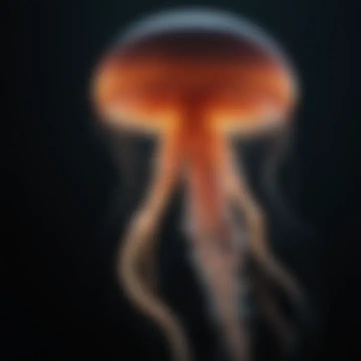 A bioluminescent jellyfish illuminating the dark ocean depths