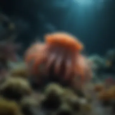 An underwater scene featuring diverse deep-sea habitats and organisms