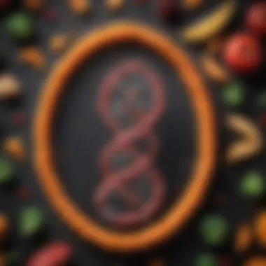 A visual representation of DNA strands intertwined with various food items, illustrating the connection between genetics and nutrition.