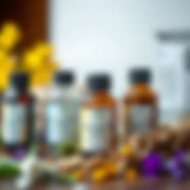A close-up of essential oils derived from calming herbs, emphasizing natural healing