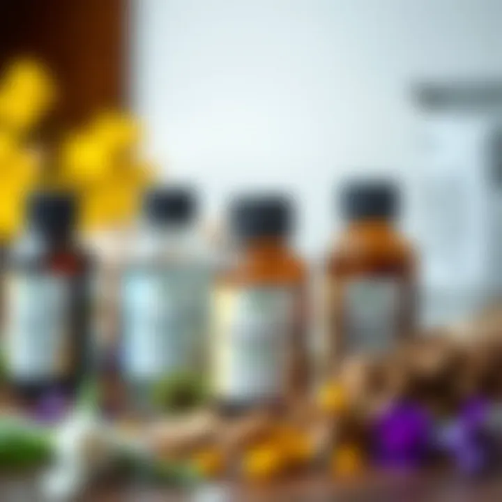 A close-up of essential oils derived from calming herbs, emphasizing natural healing