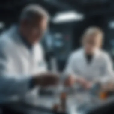Astrobiology in Action A depiction of astrobiologists examining samples in a laboratory setting.