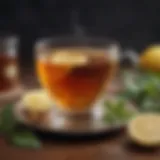 A warm cup of herbal tea with lemon and honey