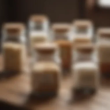 A selection of natural sugar substitutes in small jars on a wooden table