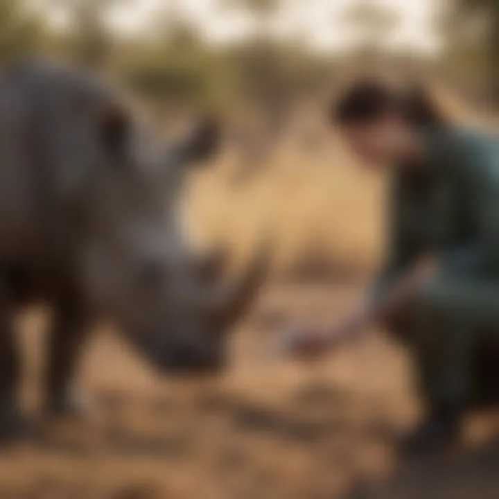 A conservationist monitoring a rhino in the wild as part of a preservation effort.