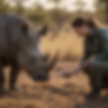Conservation in Action A conservationist monitoring a rhino in the wild as part of a preservation effort.