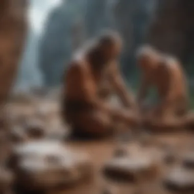 Prehistoric Artists at Work with Natural Pigments An illustration of prehistoric artists using natural pigments on rock surfaces
