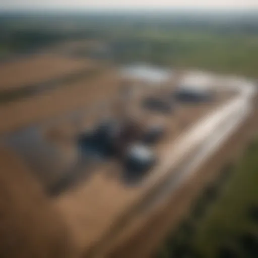 Aerial view of a fracking site surrounded by fields and water bodies