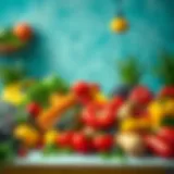 A vibrant array of fresh vegetables and fruits arranged artfully on a table, symbolizing balanced nutrition.