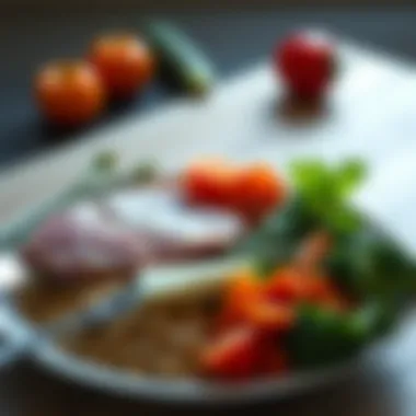 An artistic representation of a balanced plate, featuring protein, grains, and vegetables, emphasizing dietary diversity.