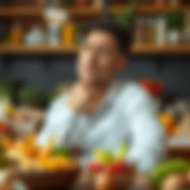 A thoughtful individual contemplating dietary choices, surrounded by healthy food options, illustrating mindful eating.