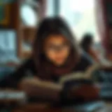 A reader immersed in a foreign text, showcasing engagement and concentration.