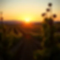 A breathtaking vineyard landscape during sunset