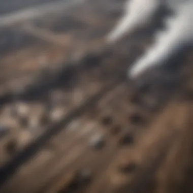 Aerial view of tar sands extraction site showcasing extensive machinery and landscape alteration.