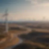 A panoramic view of a wind farm with turbines spinning in the foreground, symbolizing renewable energy.