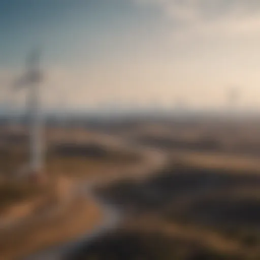 A panoramic view of a wind farm with turbines spinning in the foreground, symbolizing renewable energy.