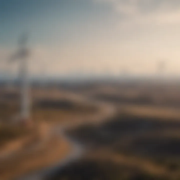 A panoramic view of a wind farm with turbines spinning in the foreground, symbolizing renewable energy.