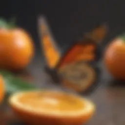 Monarch butterfly perched on a vibrant orange fruit