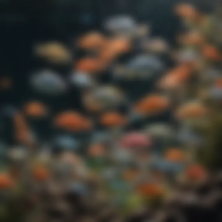 Close-up of various fish species thriving in a tank