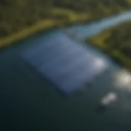 Aerial view of a floating solar farm on a lake
