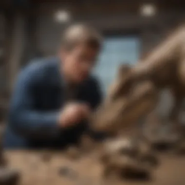 Researcher Analyzing Dinosaur Fossils Paleontologist examining the dinosaur remains
