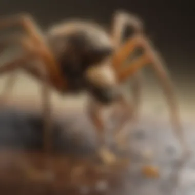 A close-up of a spider with a captured wasp.