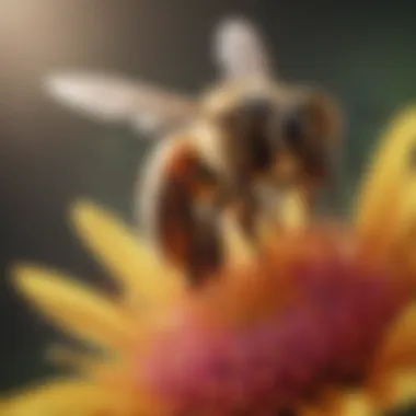 Honey Bee Pollination A close-up view of a honey bee pollinating a vibrant flower, showcasing the beauty of nature.