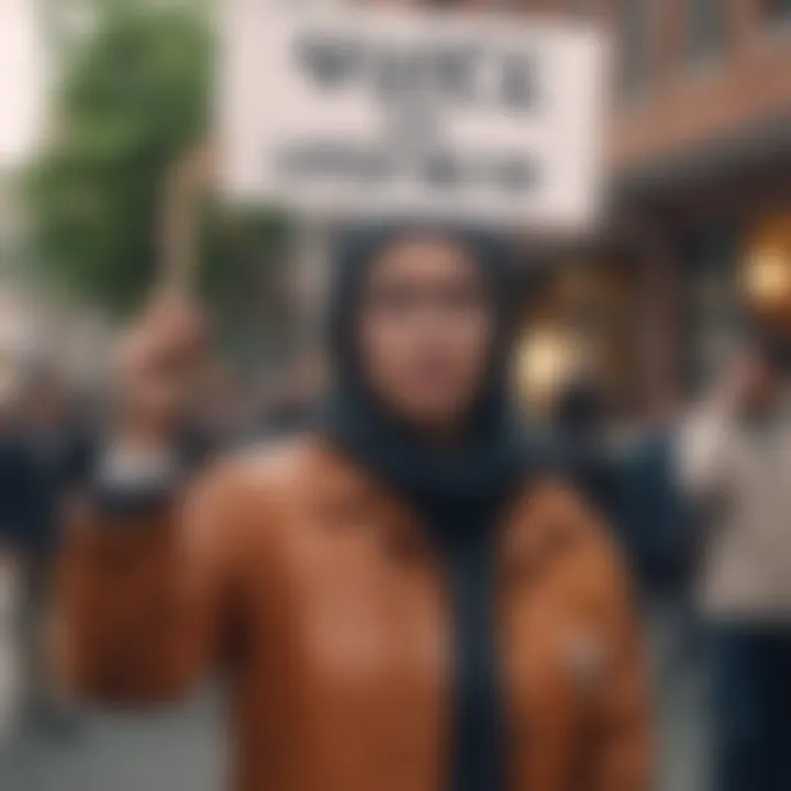 Powerful imagery of a protester holding a sign for justice.