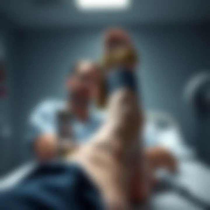 Patient undergoing rehabilitation with a toe prosthesis.