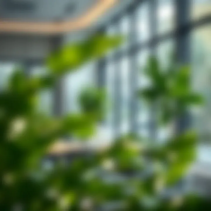 A modern office with plants and open windows, illustrating improved air quality.