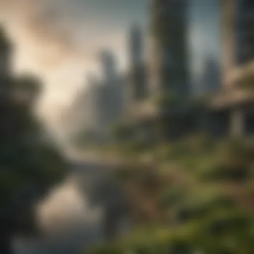 A serene landscape showing the contrast between a polluted city and a lush green area