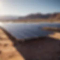 Solar panels reflecting sunlight in a desert landscape