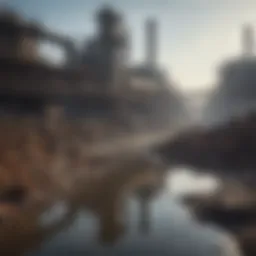 Illustration of polluted water bodies showing industrial waste.
