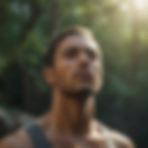 Person practicing deep breathing in a serene environment