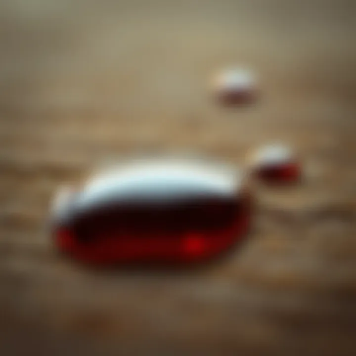 A close-up of essential oil droplets on a wooden surface, showcasing their rich color and viscosity.